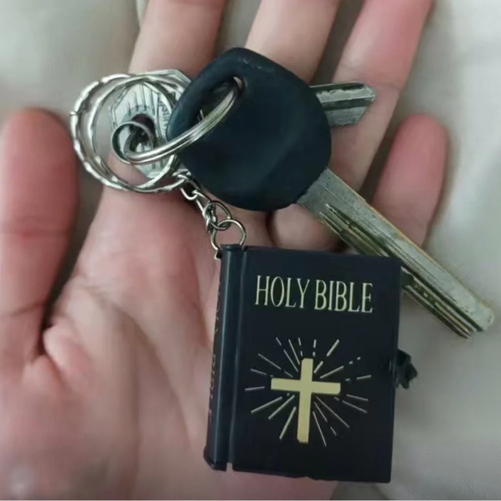 Bible Keychain Turnable Pages Pages Religious Mini Bible Book Pendant Black Gold